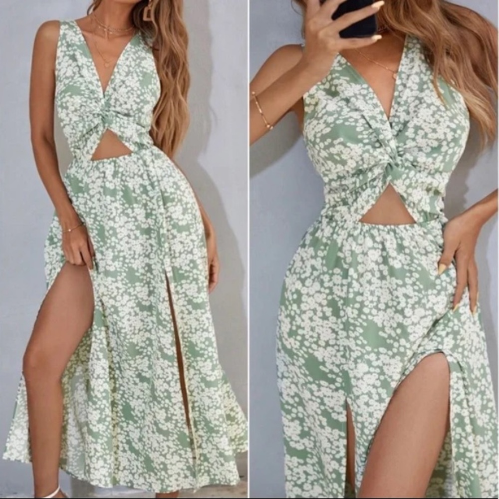 Boho Mint Green Floral Print Cut out Sleeveless Maxi Dress - Picture 2 of 4